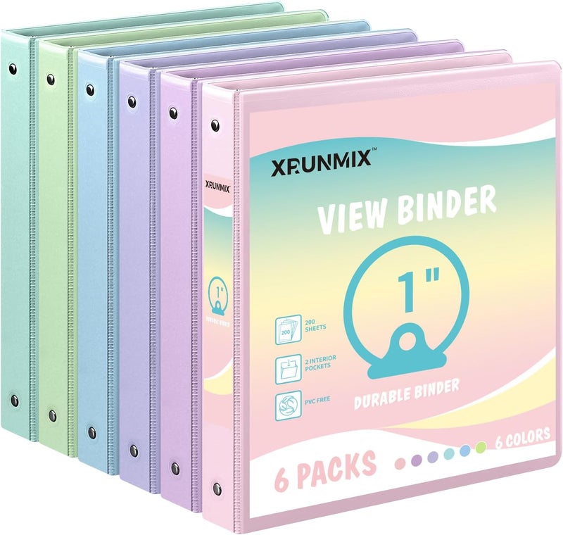 XRUNMIX 1-inch 3-Ring Binder with Pockets, Basic Binders 1'' Pastel Color Binders, Holds Letter Size 8.5'' x 11'',200 Sheet Capacity, Bundle 6 Pack for Back to School (1-Inch) - Image 1